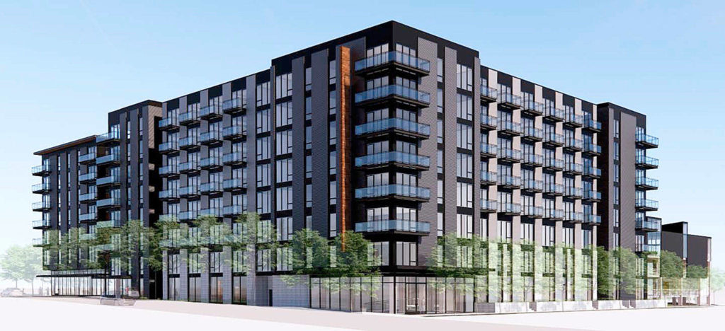 Trent Development’s planned apartment complex in the Lynnwood City Center would include two buildings for housing and street-level retail, and a rectangular parking structure with 265 spaces. (Trent Development)
