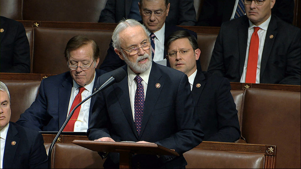 Rep. Dan Newhouse, R-Wash., speaks during last year’s debates over the articles of impeachment against President Donald Trump. On Wednesday, Newhouse voted to impeach the president. (House Television via AP, file)
