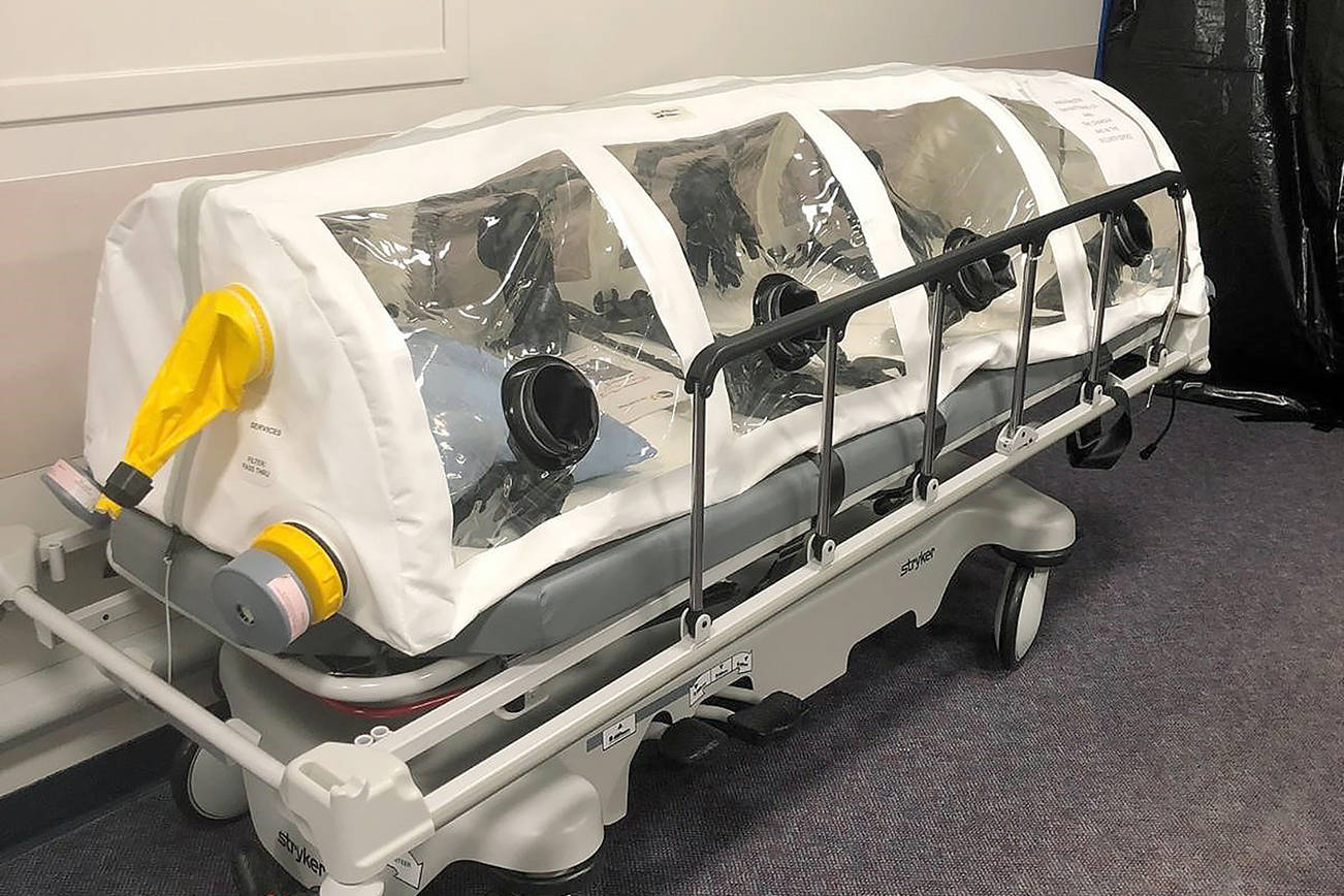 A protective gurney was used in January 2020 to transport the Snohomish County man, 35, the first coronavirus case in the United States, to an isolated room at Providence Regional Medical Center Everett. (Providence Regional Medical Center)