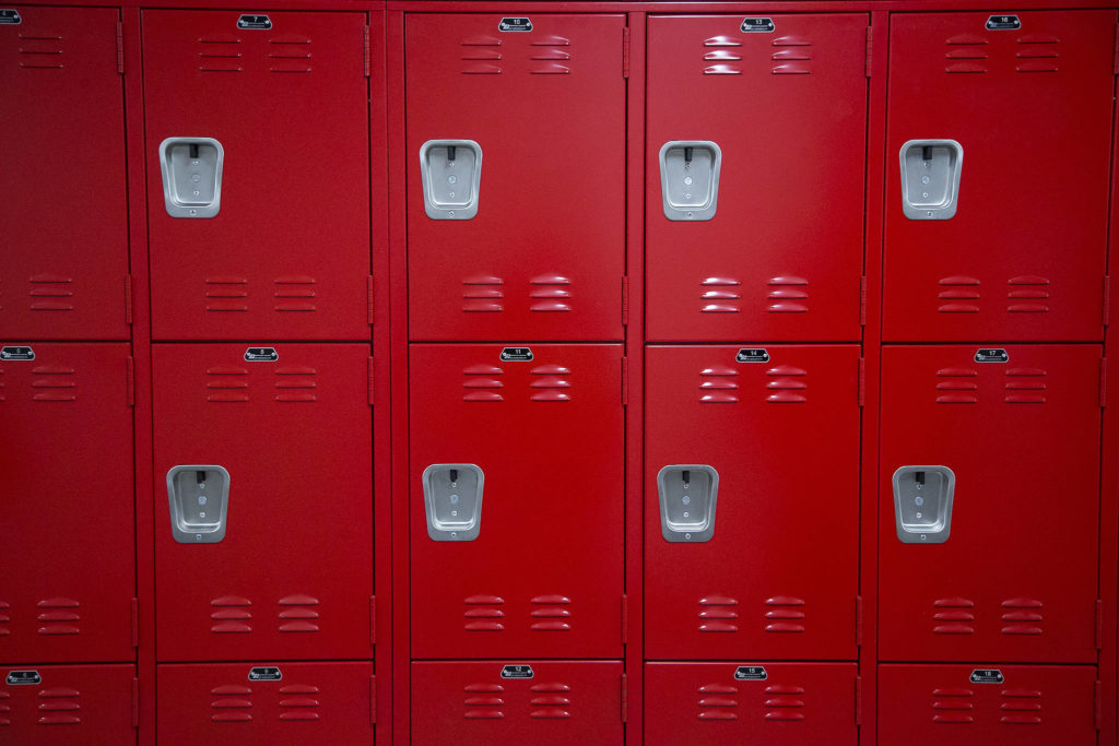 Thirty lockers are available for students in the new Stanwood High School. (Andy Bronson / The Herald)
