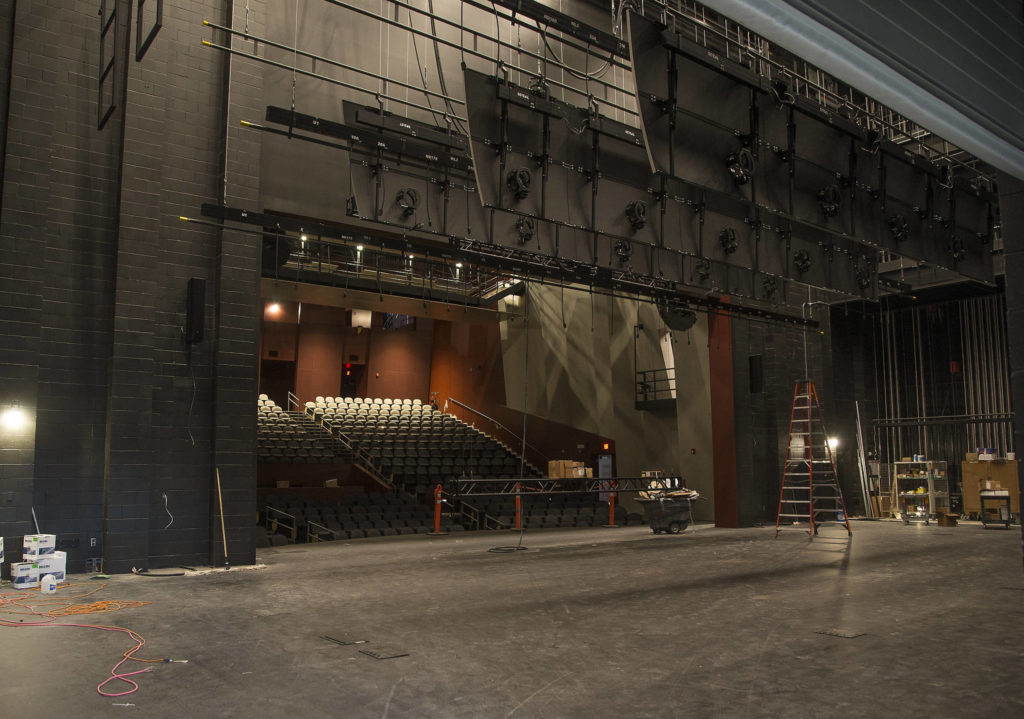 A view from backstage of the new auditorium in Stanwood High School. (Andy Bronson / The Herald)
