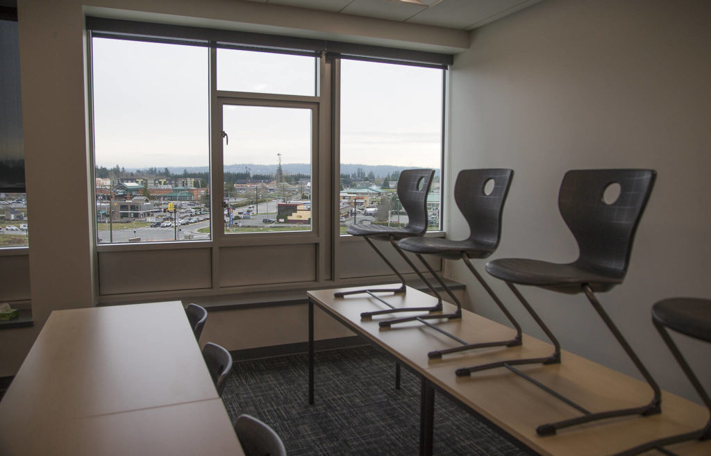 An empty third-floor classroom has vast views of Stanwood. (Andy Bronson / The Herald)
