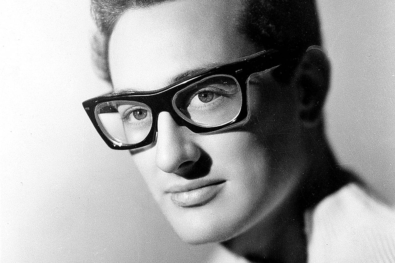 American rock and roll singer, songwriter and guitarist Buddy Holly is shown in 1959 at an unknown location.  Holly, born Charles Hardin Holley in 1936 in Lubbock, Texas, died in a plane crash on Feb. 3, 1959.  (AP Photo)