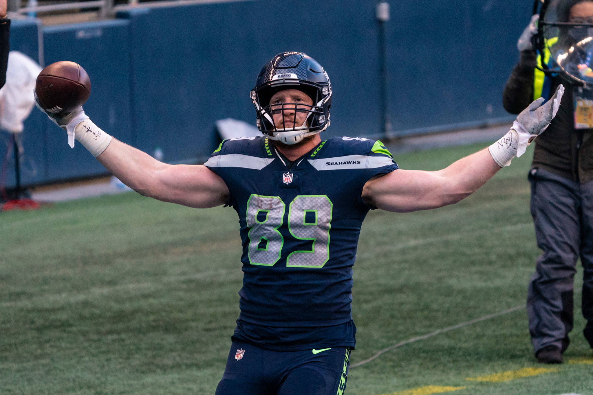 Seahawks tight end Will Dissly celebrates after scoring a touchdown during the second half of a game against the Jets on Dec. 13, 2020, in Seattle. (AP Photo/Stephen Brashear)