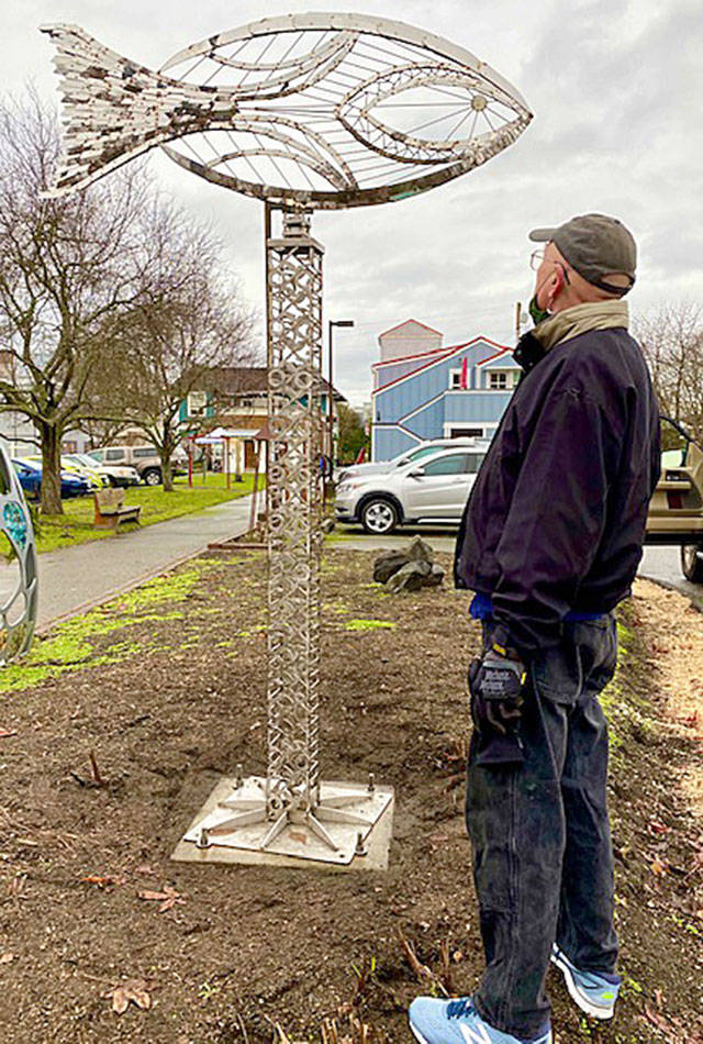Metal scuptor Wayne Kangas made this fish-shaped weather vane out of 600 leftover stainless steel letters. (Langley Arts Fund)