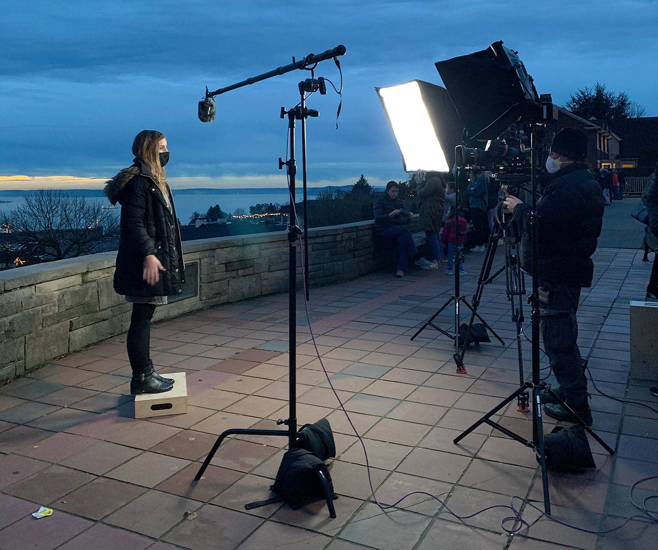 Glenwood Elementary School teacher Mackenzie Adams in front of the camera in Seattle for Wednesday night’s inauguration TV special. (Contributed photo)