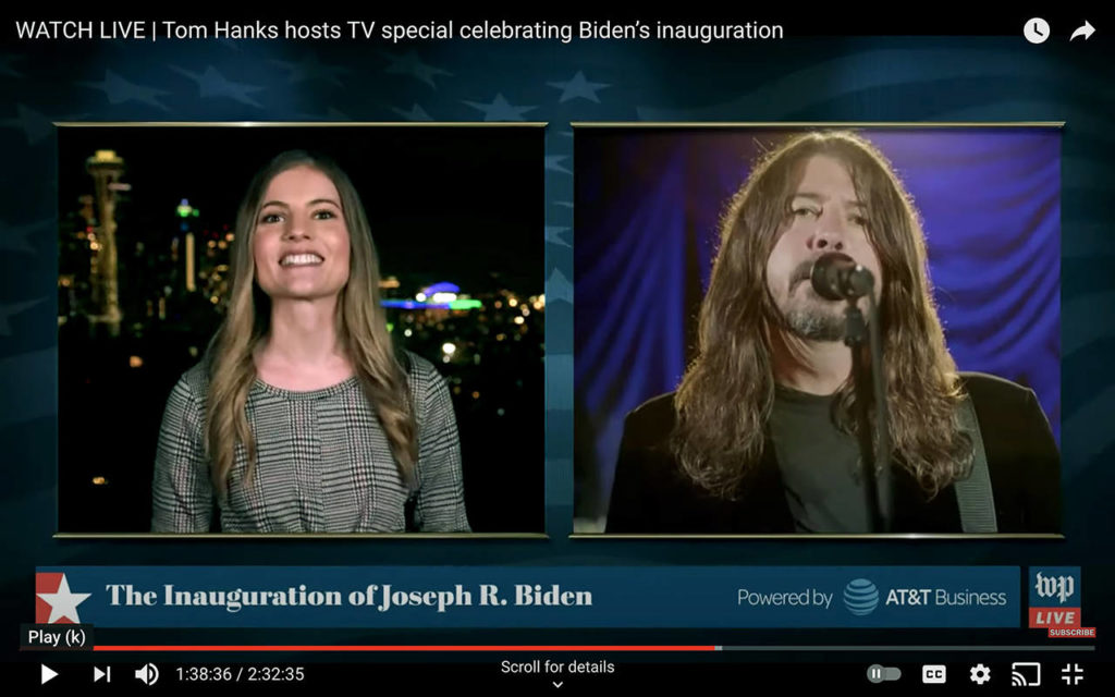 Glenwood Elementary School teacher Mackenzie Adams (left) introduced the Foo Fighters during President Biden’s “Celebrating America” inauguration special Wednesday evening. (YouTube screenshot)
