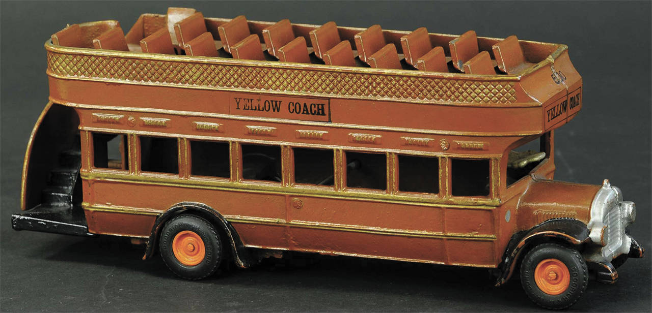 This Yellow Coach bus made by Arcade is 13 inches long and in great condition. It sold for $600 at Bertoia Auctions in 2020. (Cowles Syndicate Inc.)