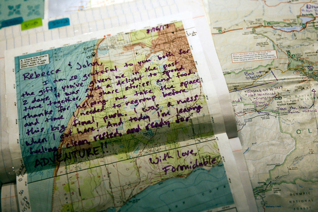 A note from a hiker of the Pacific Northwest Trail to trail angels John and Rebecca Roberts. (Kevin Clark / The Herald)
