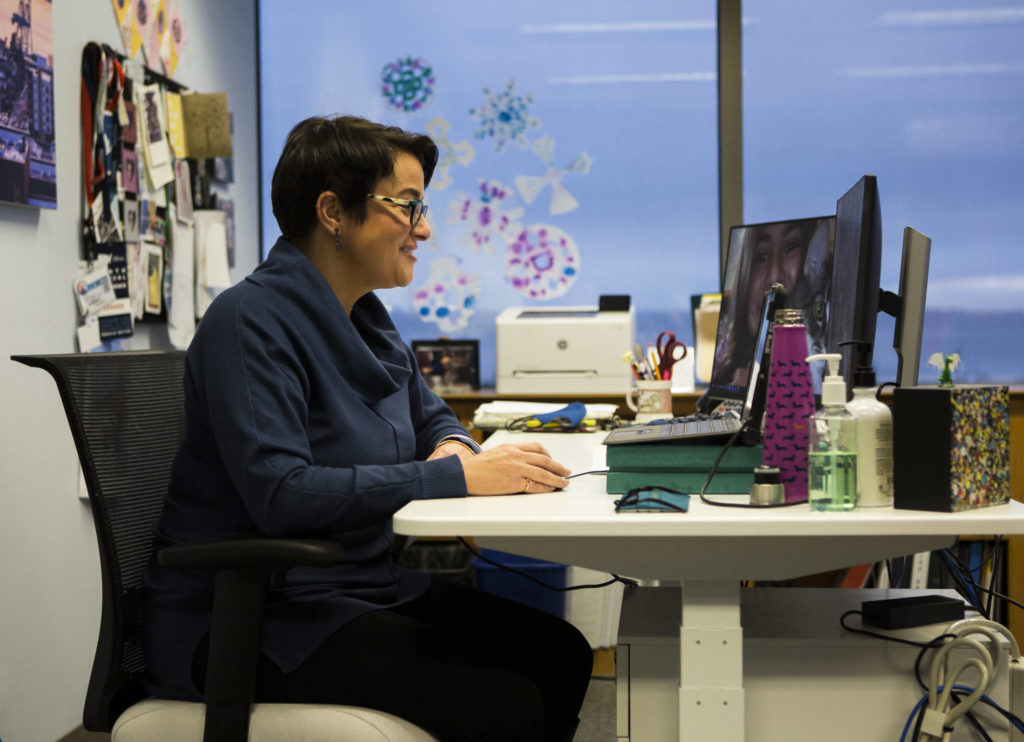 Mayor Cassie Franklin makes her State of Everett address online Thursday from her office in Everett. (Olivia Vanni / The Herald)
