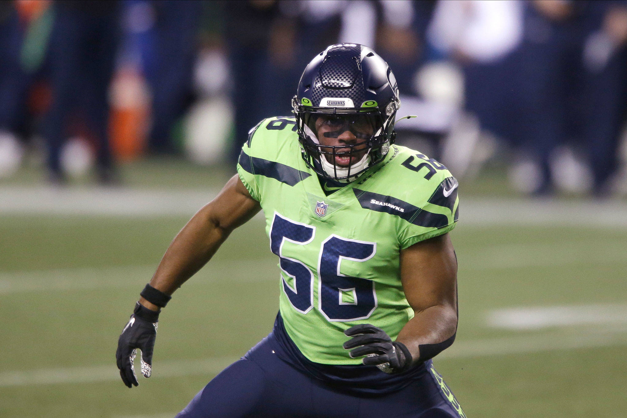 Seahawks linebacker Jordyn Brooks in action during a game against the Cardinals on Nov. 19, 2020, in Seattle. (AP Photo/Lindsey Wasson)