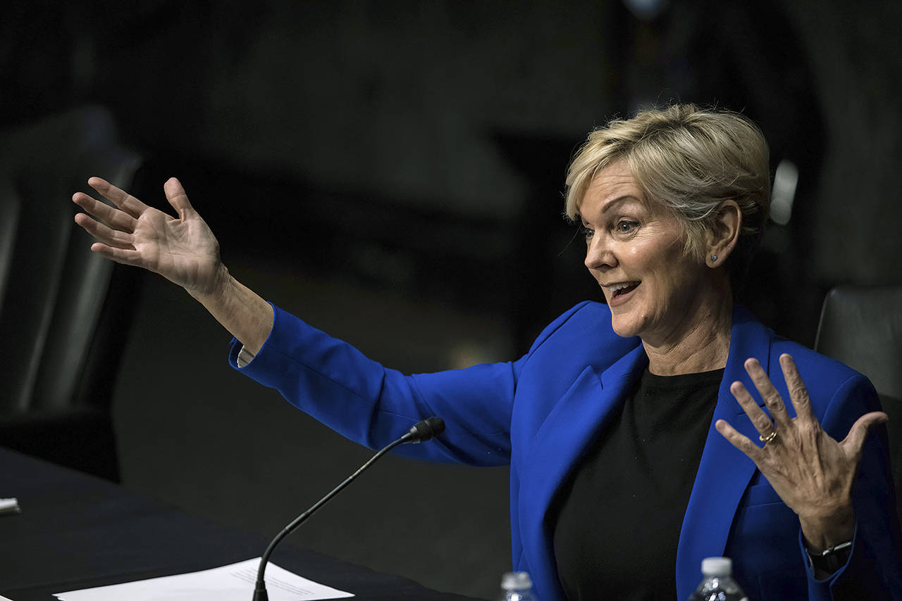 Former Gov. Jennifer Granholm testifies before the Senate Energy and Natural Resources Committee during a hearing to examine her nomination to be Secretary of Energy, on Wednesday on Capitol Hill in Washington. (Graeme Jennings/Pool via AP)