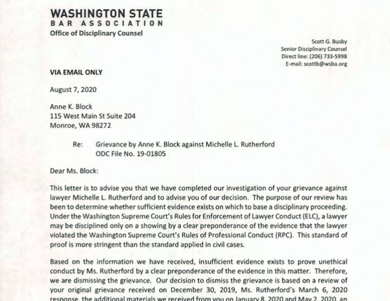 A screenshot of a Washington State Bar Association letter responding to a grievance filed against lawyer Michelle L. Rutherford.