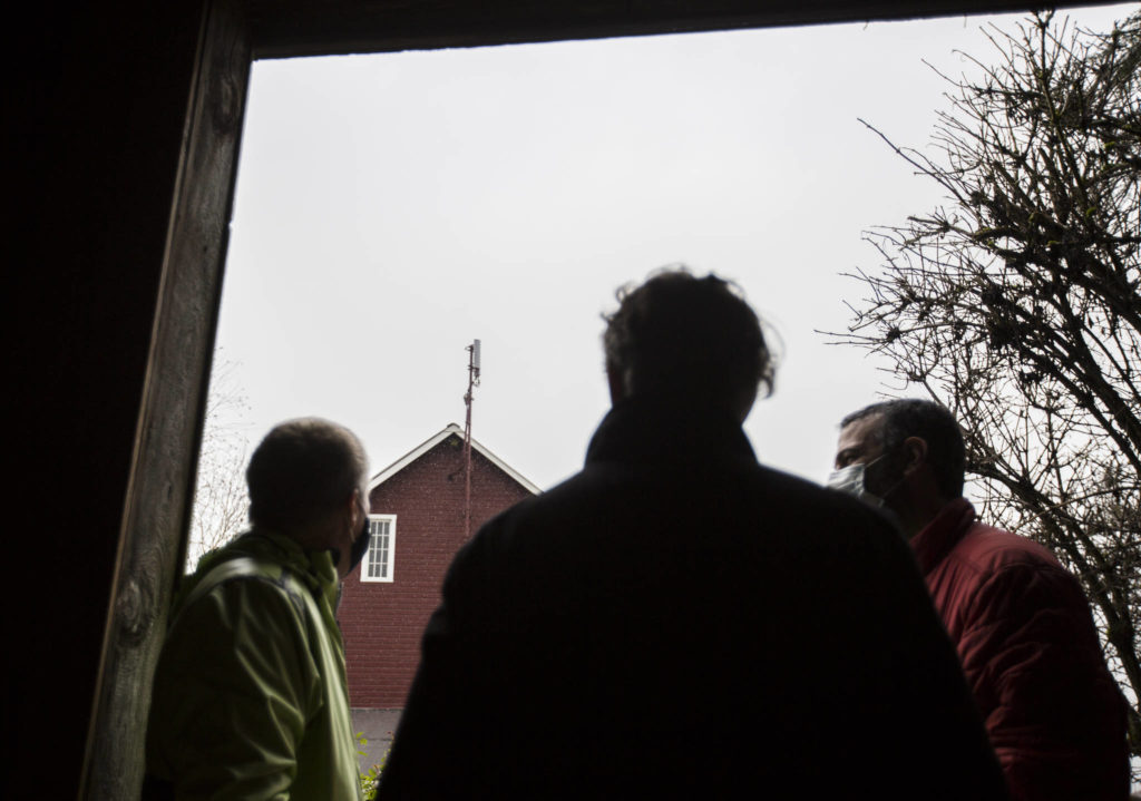 A data transmitter attached to a building at Swans Trail Farms in Snohomish. (Olivia Vanni / The Herald)
