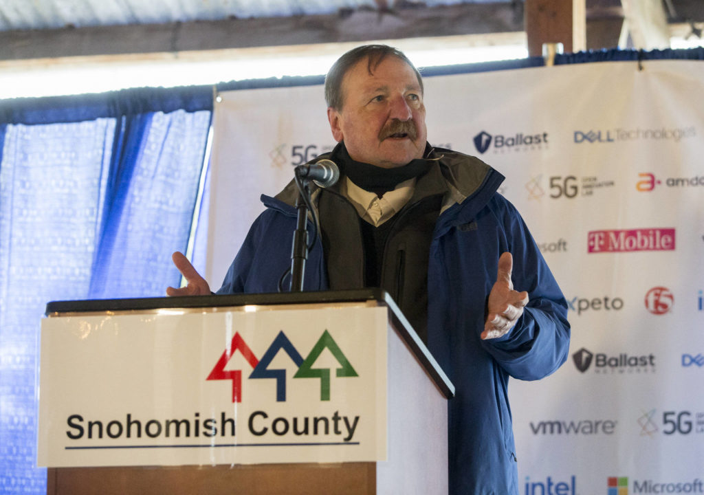 Snohomish County Executive Dave Somers speaks at the 5G Open Innovation Lab news conference at Swans Trail Farms on Tuesday in Snohomish. (Olivia Vanni / The Herald) 
