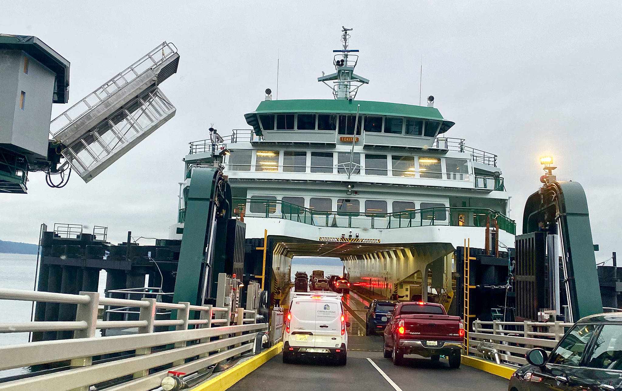 The overhead passenger loading ramp is nearing completion at the new Mukilteo ferry terminal that opened in late December. (Andrea Brown / The Herald)