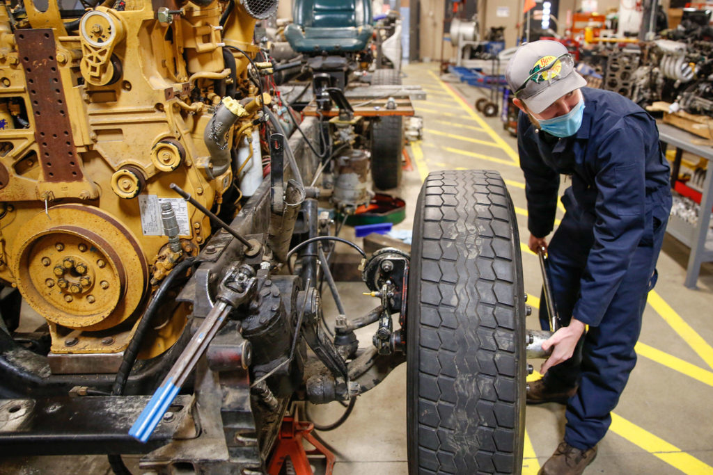 Daniel Kolodich, a senior at Everett High School, works through an assignment Thursday morning at Sno-Isle Tech in Everett. (Kevin Clark / The Herald)
