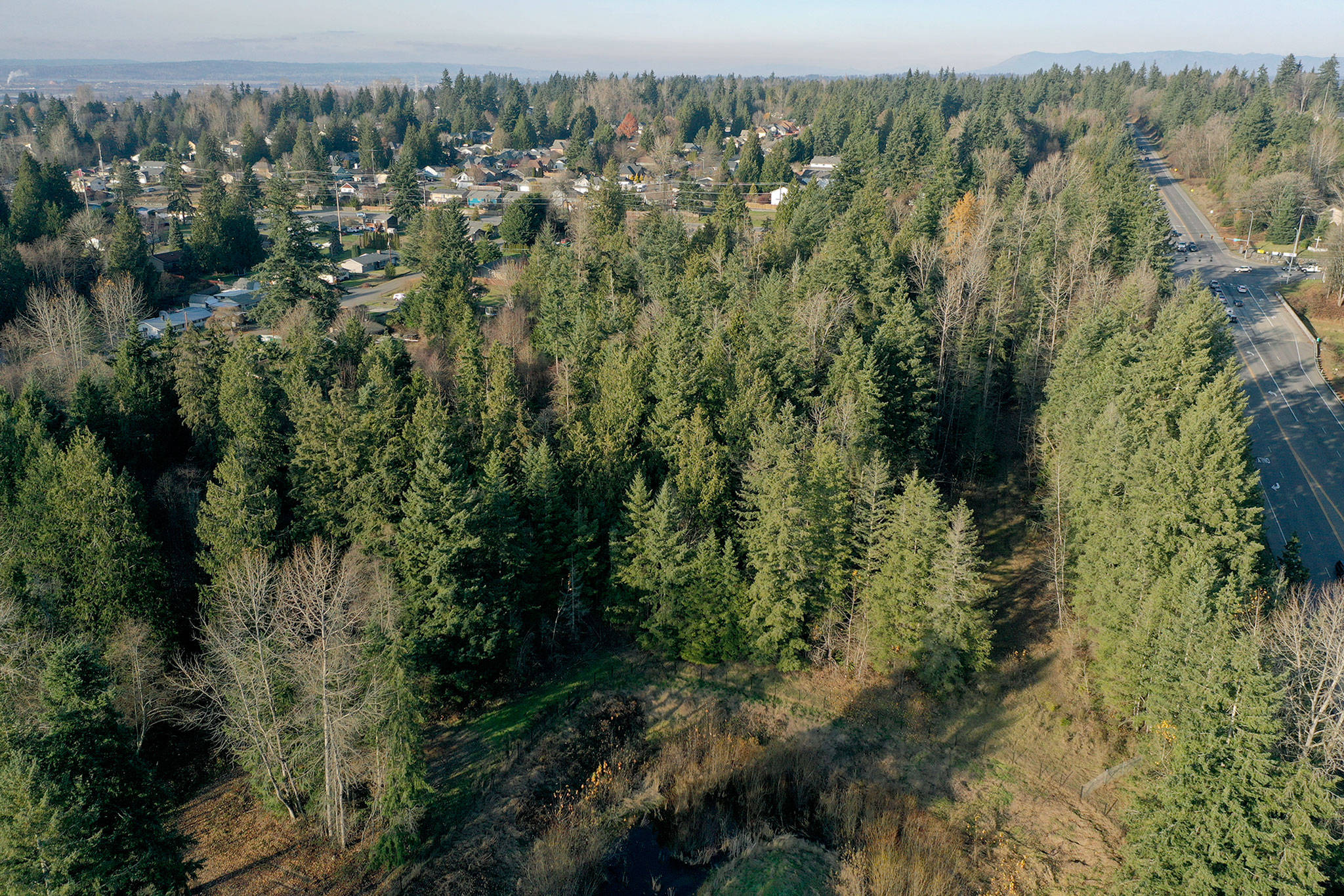 A portion of the site of the proposed Lake Stevens Costco (bottom) at the intersection of Highway 9 (right) and South Lake Stevens Road (below, out of view). (Chuck Taylor / Herald file)