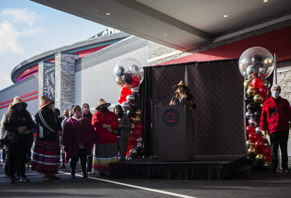 Tulalip Tribes chairwoman Teri Gobin speaks to the crowd during the Quil Ceda Creek Casino grand opening on Wednesday in Tulalip. (Olivia Vanni / The Herald)
