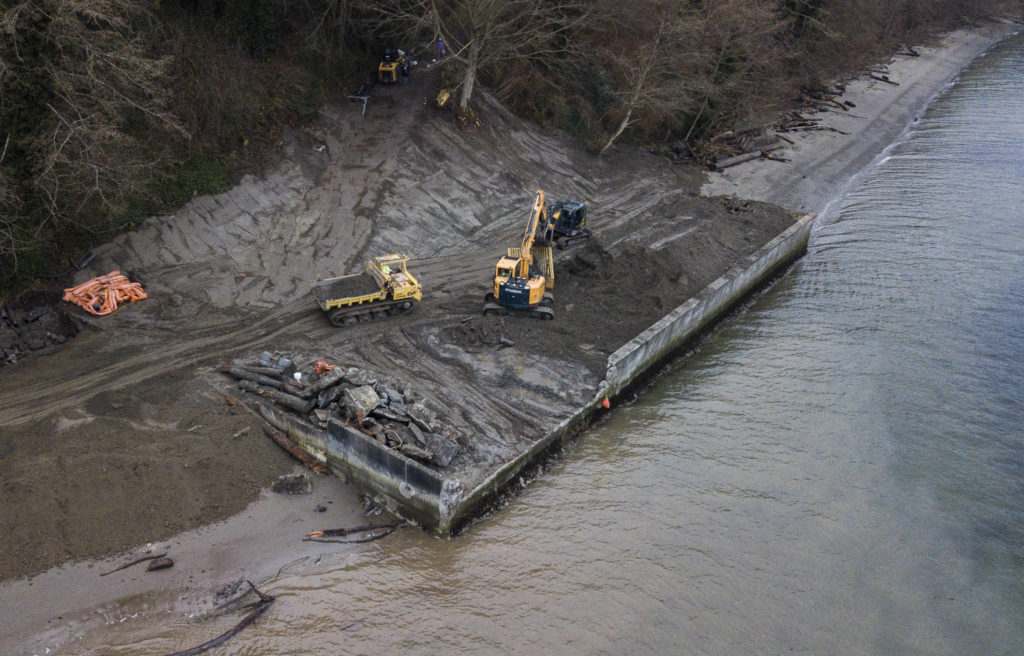 Dirt is moved during the deconstruction of a seawall north of Langley on Whidbey Island. (Olivia Vanni / The Herald) 
