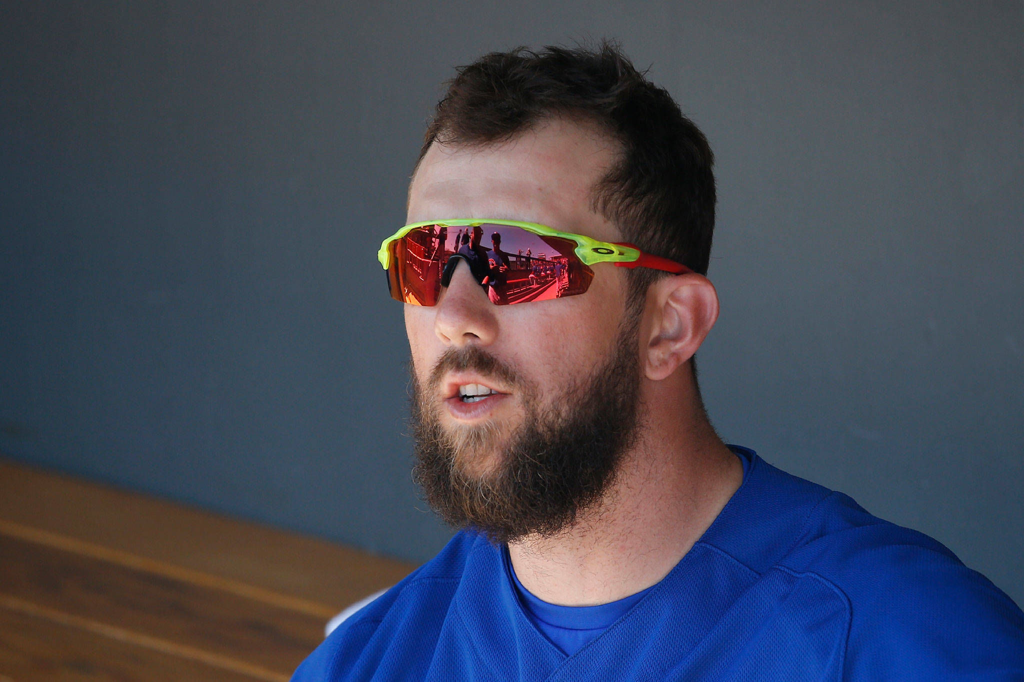 The Cubs’ Steven Souza Jr. sits in the dugout prior to a spring training game against the Rockies on March 3, 2020, in Scottsdale, Ariz. (AP Photo/Ross D. Franklin)
