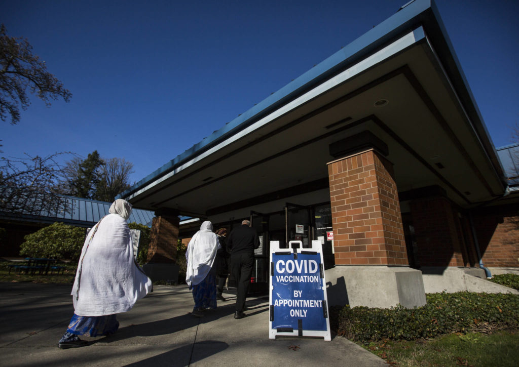 The new Boeing Activity Center COVID-19 vaccination site on Wednesday in Everett. (Olivia Vanni / The Herald)
