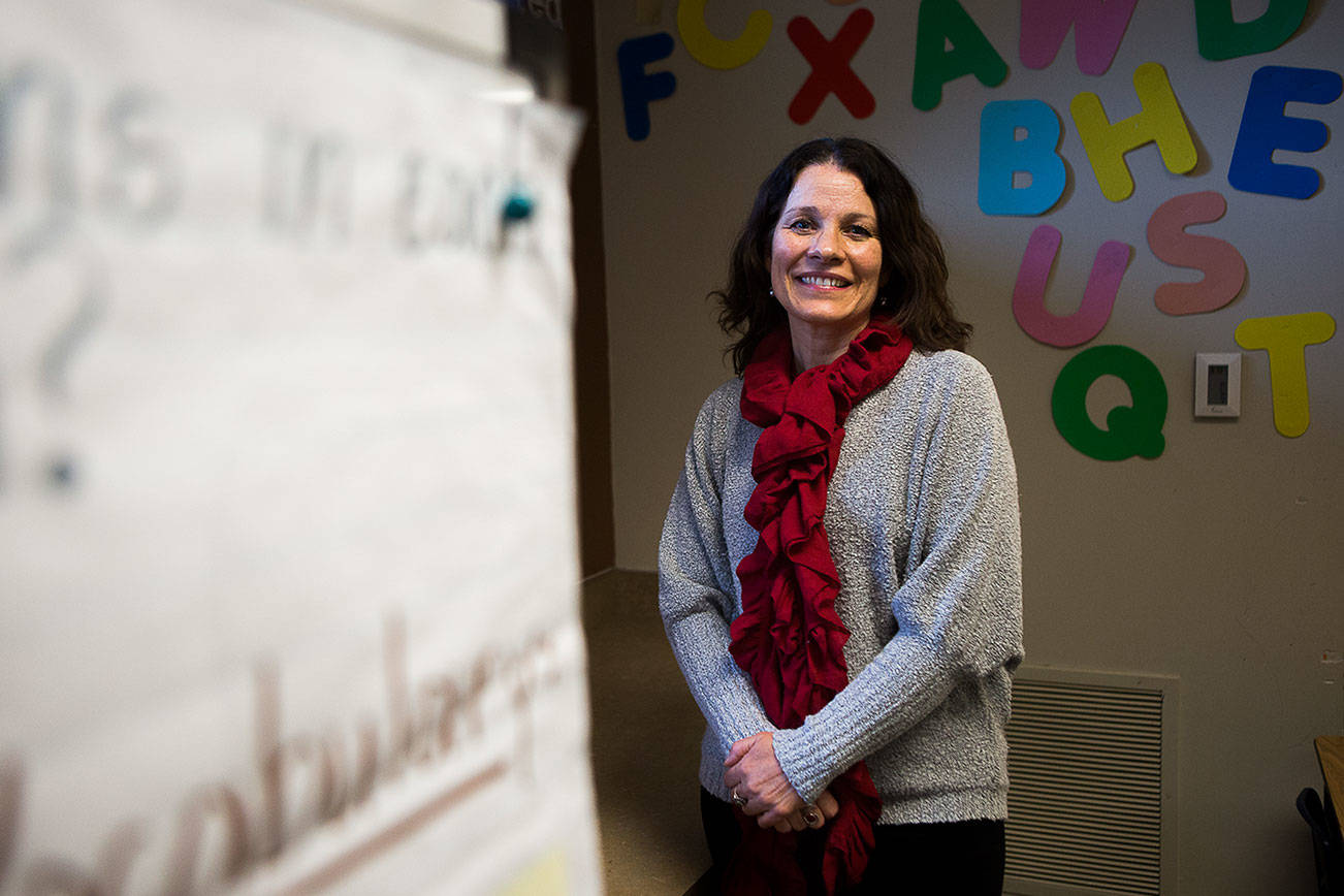 Principal Blythe Young, whose school will start a dual-language program this fall, at Emerson Elementary on Wednesday, Feb. 10, 2021 in Everett, Wa. (Olivia Vanni / The Herald)