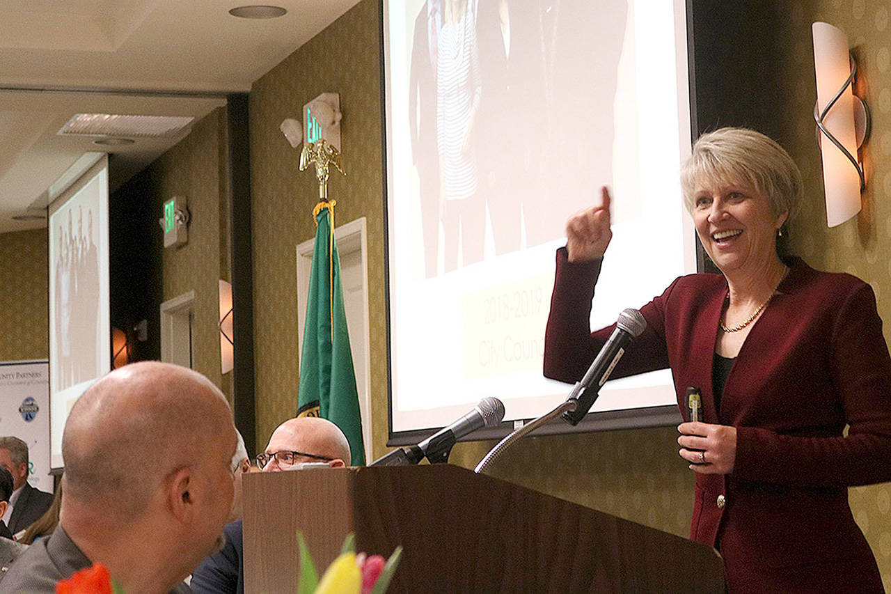 Bothell City Manager Jennifer Phillips during a State of the City address in 2018. (Kailan Manandic / Bothell-Kenmore Reporter, file)