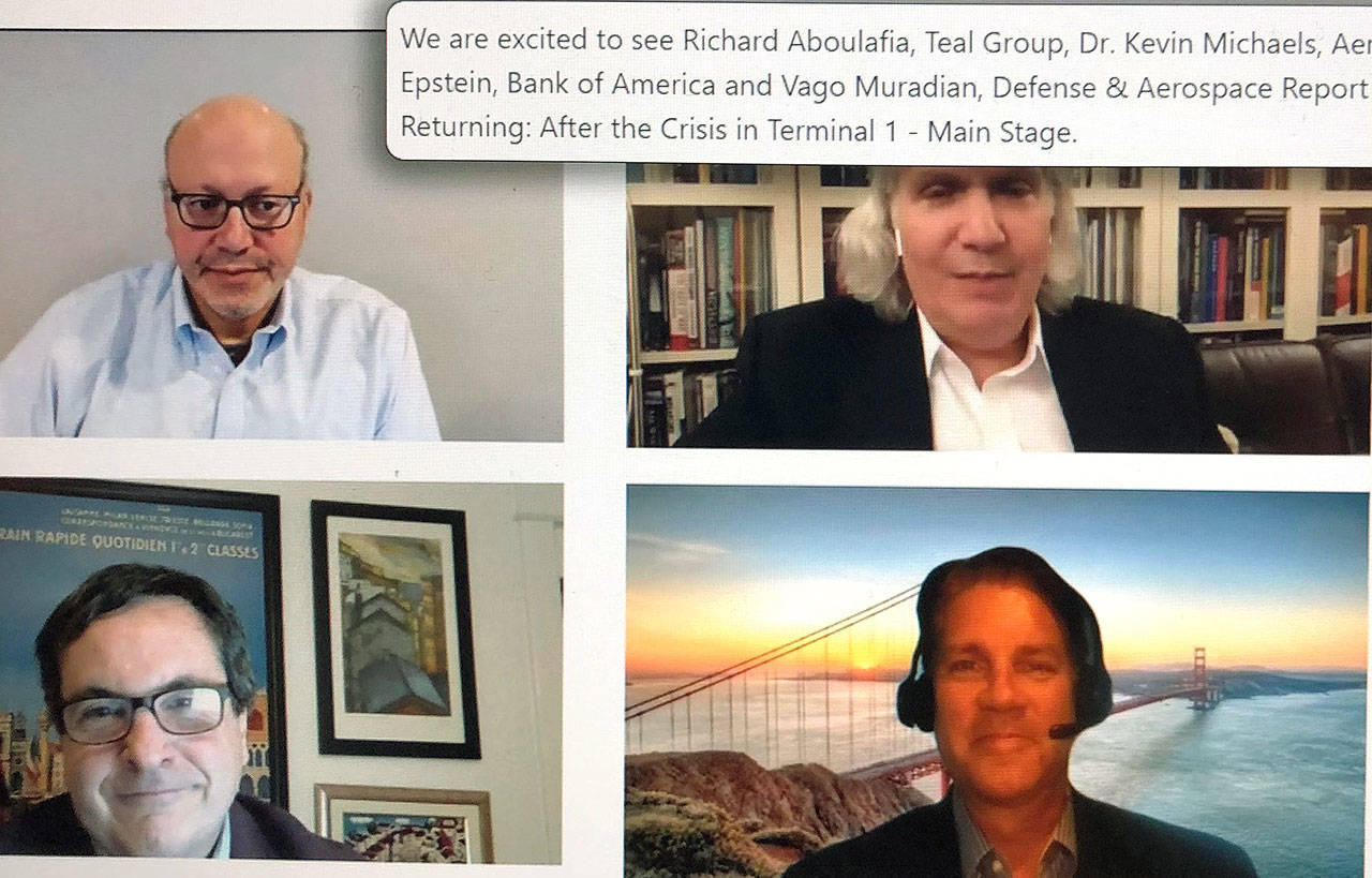 Some participants in this week’s Pacific Northwest Aerospace Alliance conference, which is normally held in Lynnwood. Clockwise, from top left: Ron Epstein, Bank of America; Vago Muradian, Defense & Aerospace Report; Kevin Michaels, AeroDynamic Advisory; and Richard Aboulafia, Teal Group.