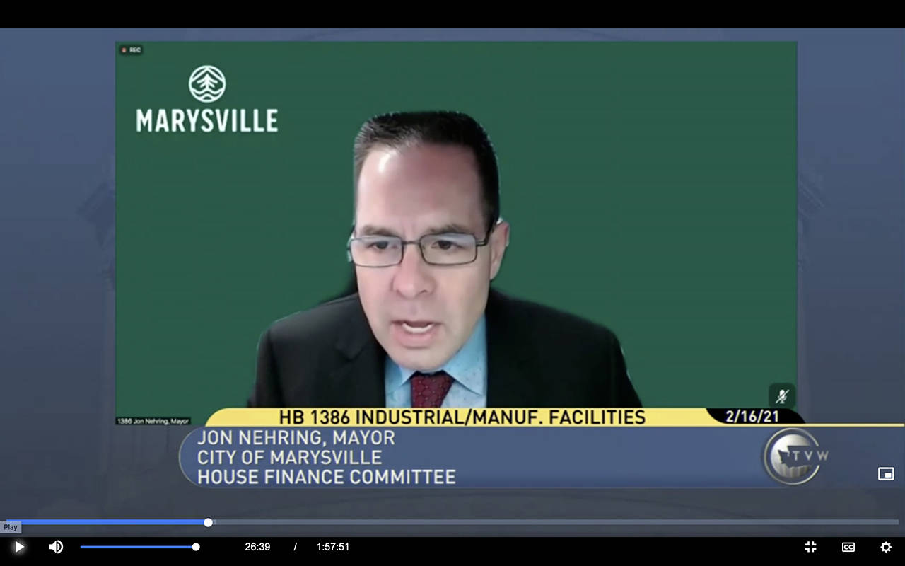 Marysville Mayor Jon Nehring appeared virtually in front of the House Finance Committee on Tuesday. (TVW)