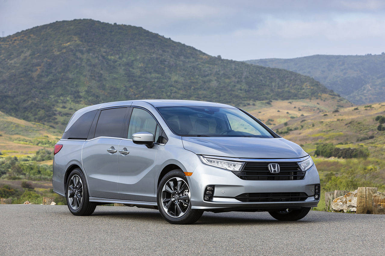 The 2021 Honda Odyssey minivan has a restyled front end, including the grille, front bumper and LED headlights. (Manufacturer photo)