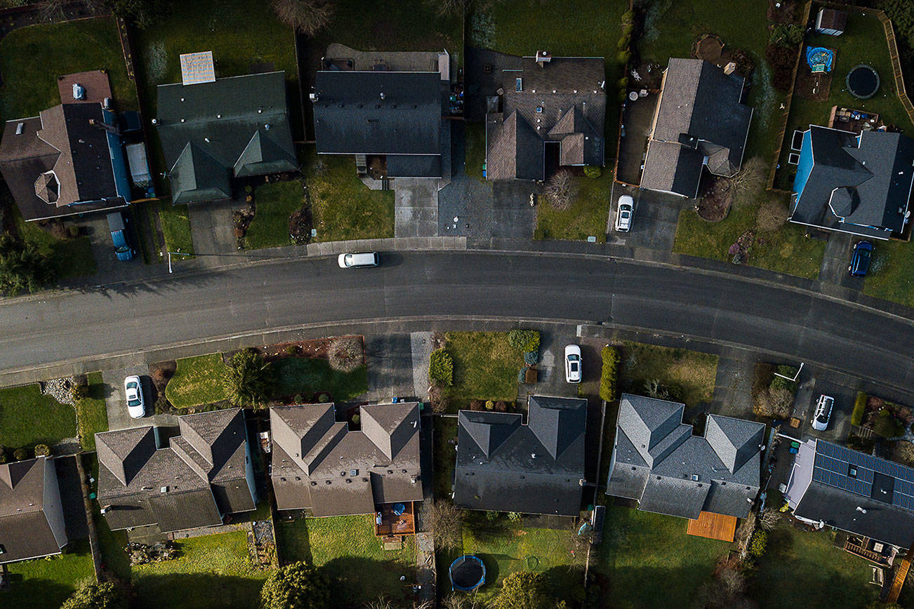 Homes along 55th Avenue SE in the Silver Firs neighborhood on Wednesday, Feb. 24, 2021 in Everett, Wa. (Olivia Vanni / The Herald)