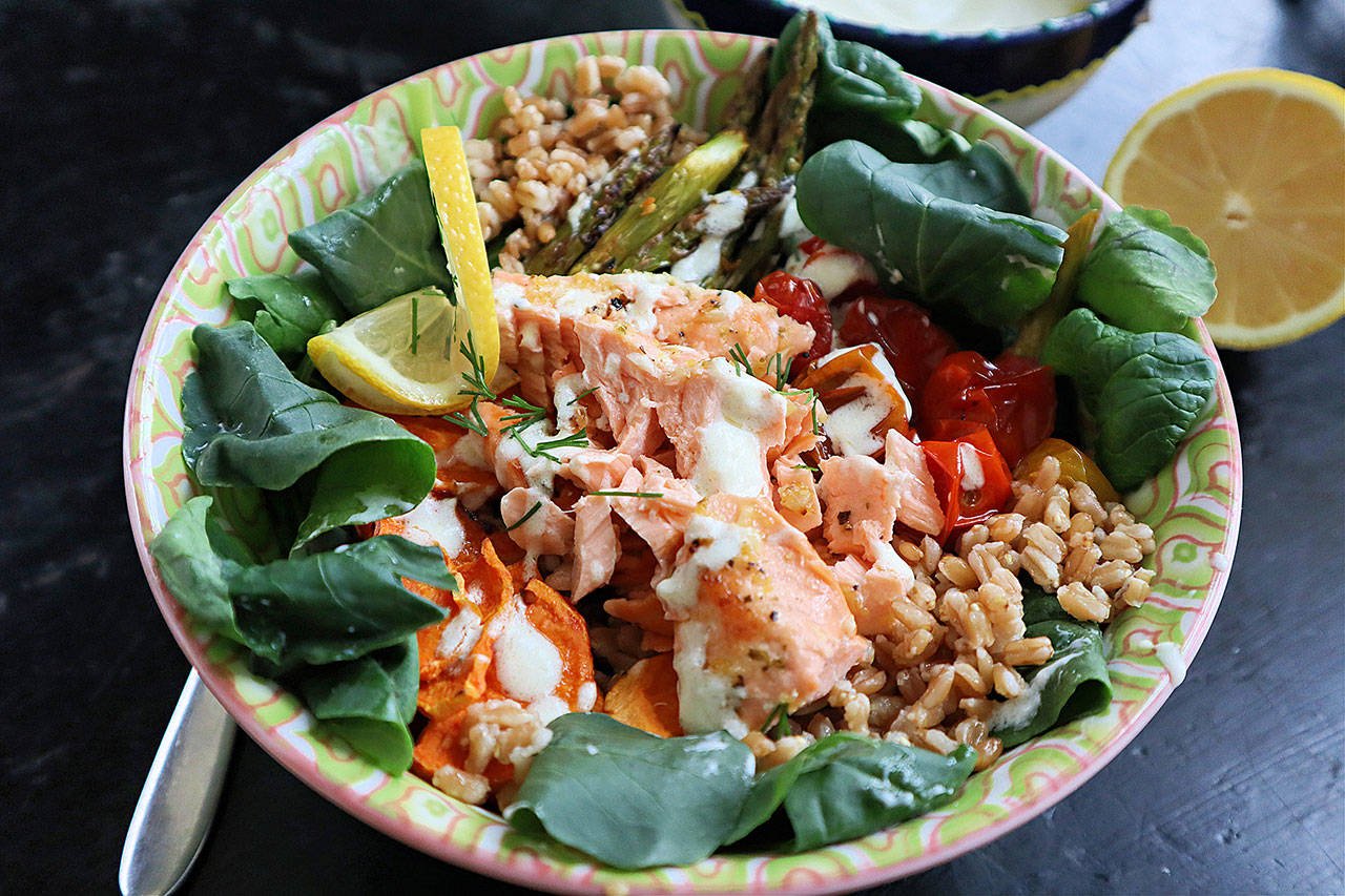A grain bowl with roasted veggies and lemon-garlic salmon is a great way to observe Fridays for Lent. (Gretchen McKay)