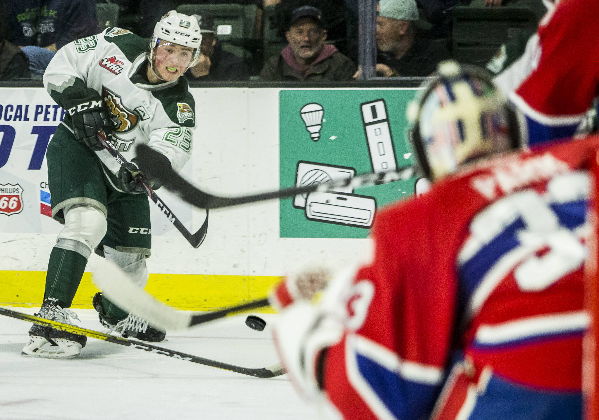 The Silvertips’ Jake Christiansen takes a shot on goal during a game against the Chiefs on Jan. 26, 2020, in Everett. (Olivia Vanni / The Herald)