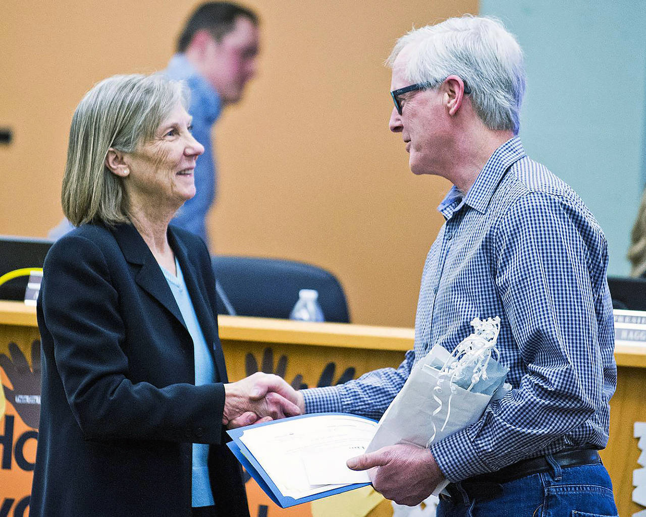 Jean Shumate (left), seen here during a February 2019 school board meeting, will retire June 30 after 20 years at the Stanwood-Camano School District superintendent. (Skagit Valley Herald, file)