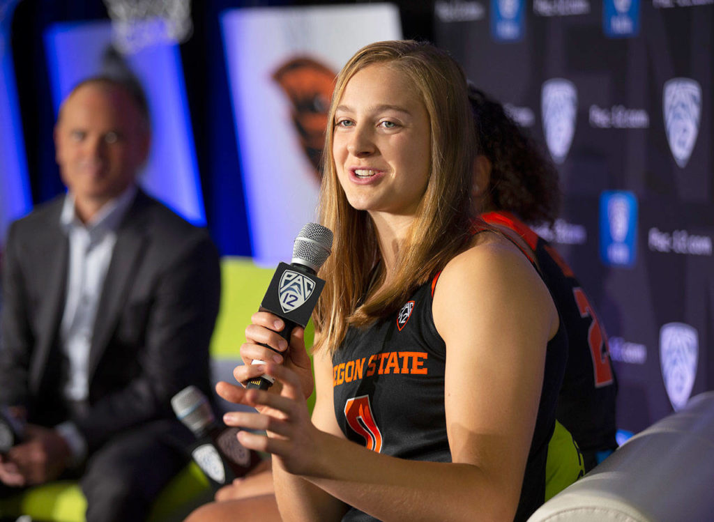 Lynnwood’s Mikayla Pivec, seen here speaking to the media in 2019, was waived by the Atlanta Dream of the WNBA. (Associated Press)
