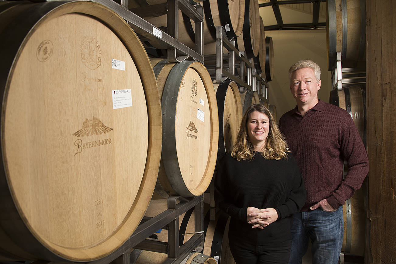 Owners Kim and Larry Harris at Bayernmoor Cellars on Monday, Dec. 21, 2020 in Stanwood, Washington.  (Andy Bronson / The Herald)