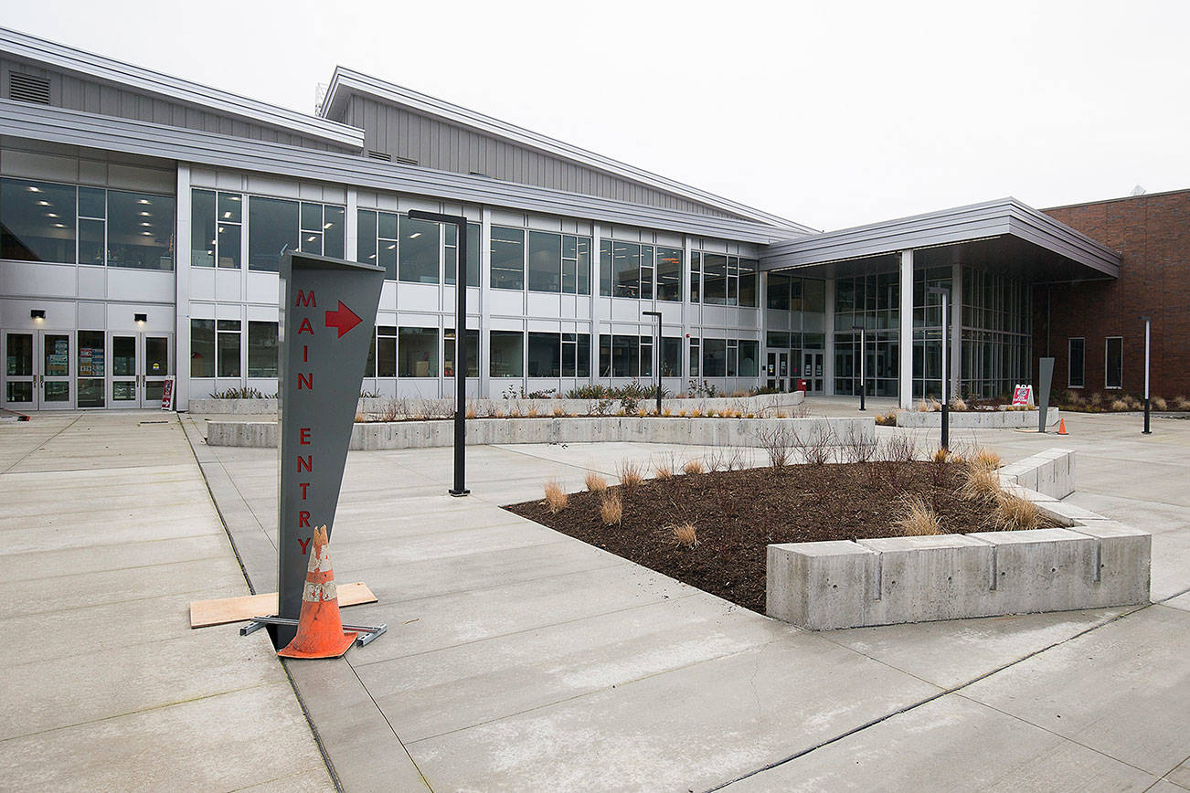 A view of the courtyard leading to the main entrance of the new Stanwood High building on Thursday, Jan. 21, 2020 in Stanwood, Washington. (Andy Bronson / The Herald)