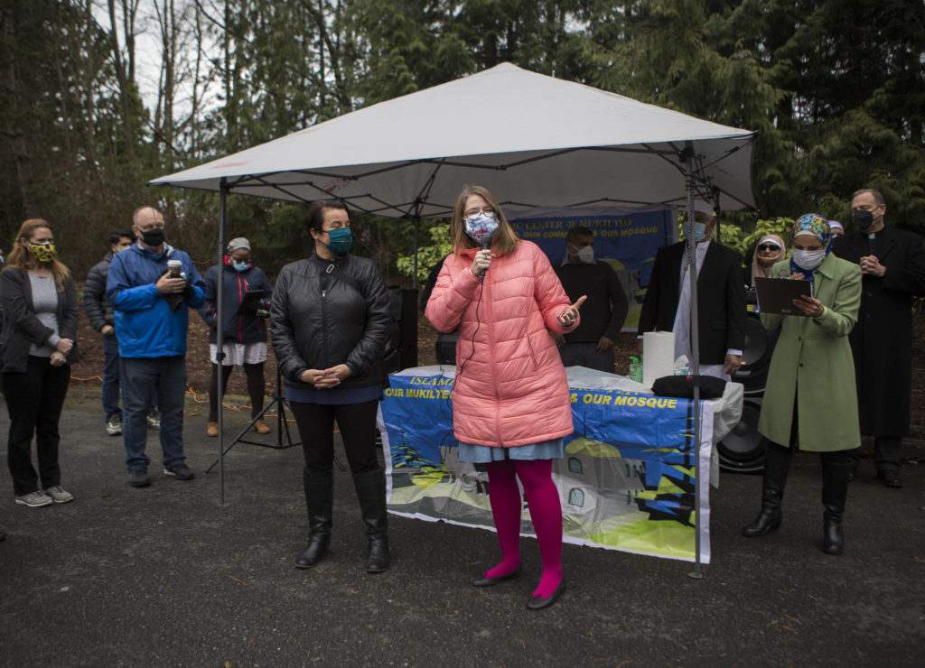 Mukilteo Mayor Jennifer Gregerson (right) and Everett Mayor Cassie Franklin spoke at the groundbreaking for the Islamic Center of Mukilteo on Saturday. (Olivia Vanni / The Herald)
