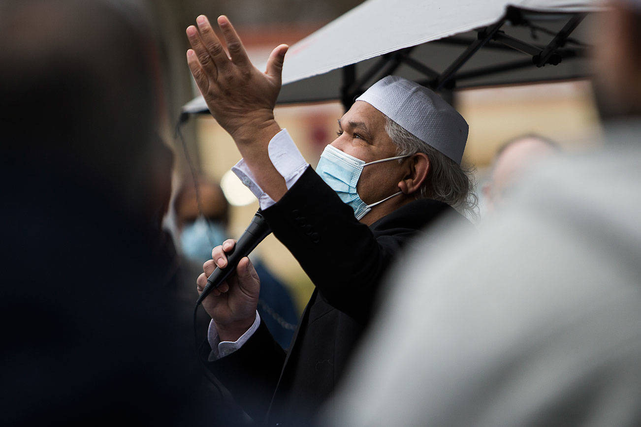 Riaz Khan speaks at the groundbreaking at the site of the Islamic Center of Mukilteo that he helped spearhead over the last seven years on Saturday, March 6, 2021 in Mukilteo, Wa. (Olivia Vanni / The Herald)