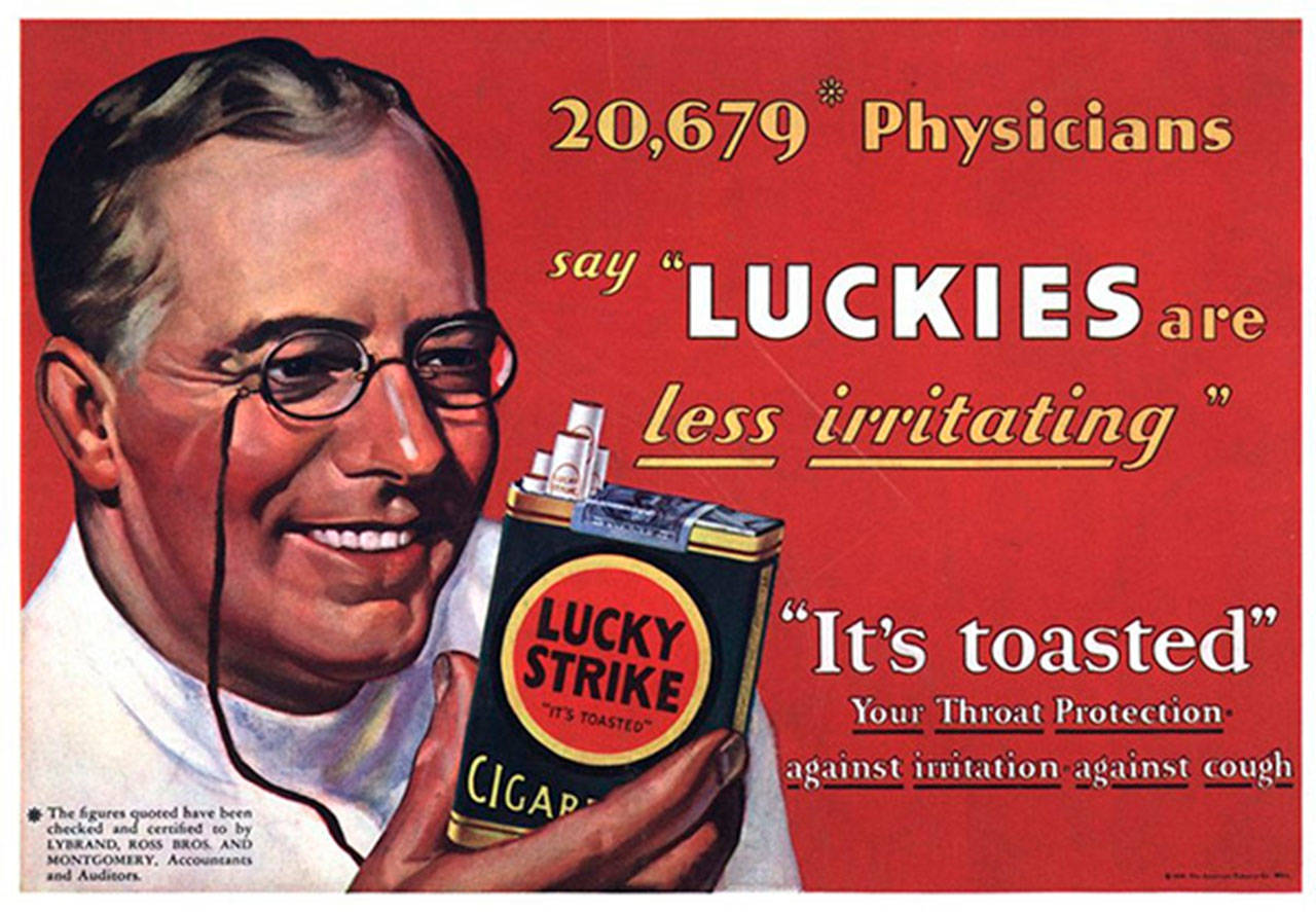 A magazine ad from the 1930s uses an illustration of a physician who recommends Lucky Strike cigarettes as "less irritating."