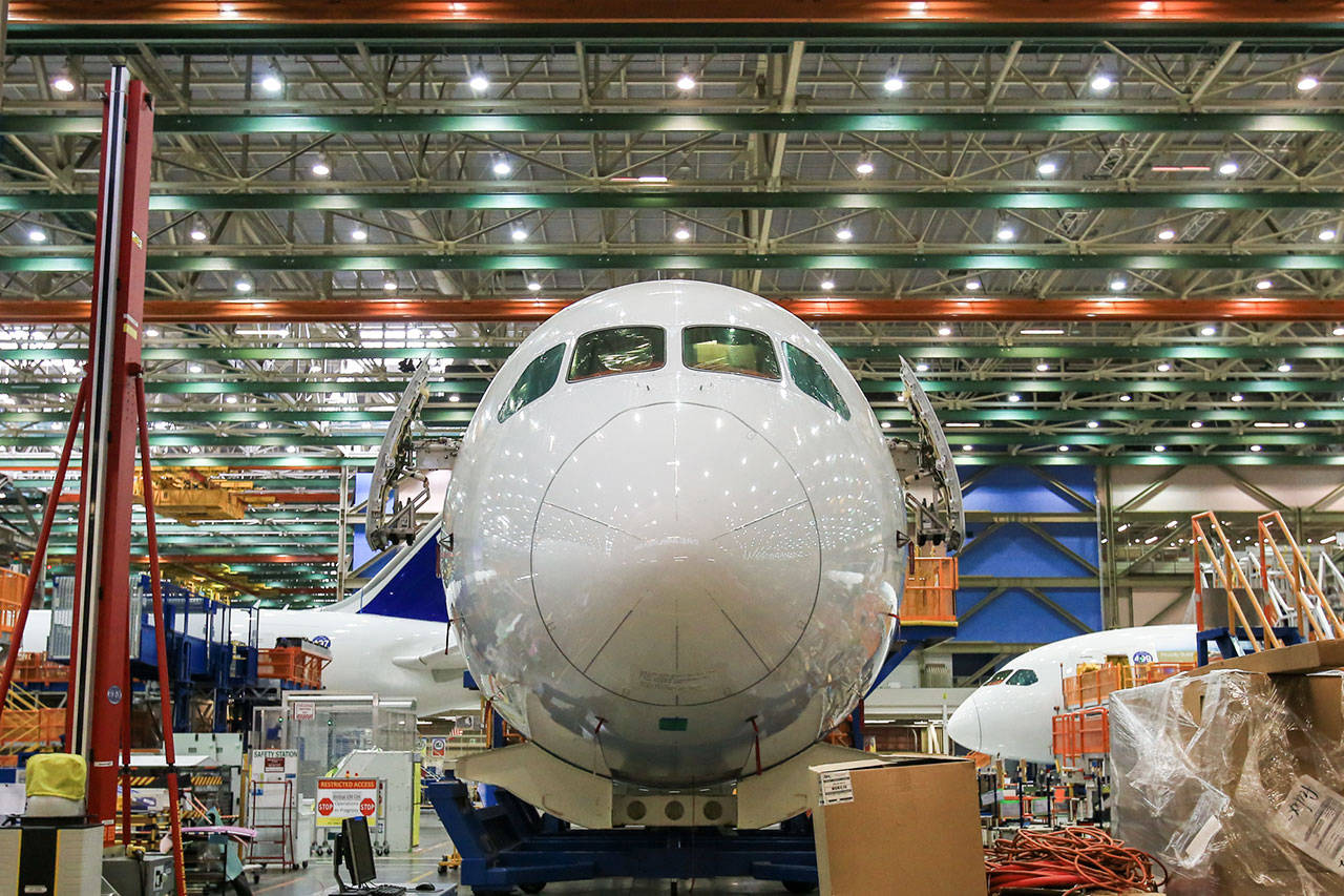 The nose of the 500th 787 Dreamliner at the assembly plant in Everett is seen Sept. 21, 2016. (Kevin Clark / Herald file)