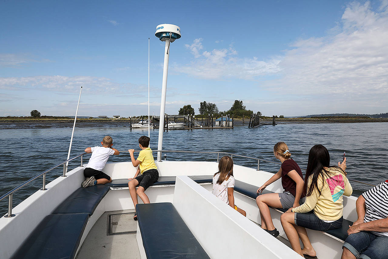 People ride the Jetty Island passenger ferry in August 2019. The City of Everett has paid for the service but is looking for partners this year and beyond to cover the $109,000 expense. (Lizz Giordano / Herald file)
