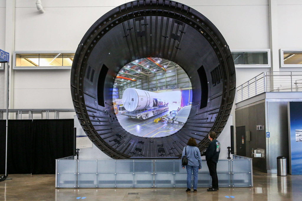 Patrons view the 787 exhibit at the Boeing Future of Flight at Paine Field on Oct. 8, 2020. (Kevin Clark / Herald file)
