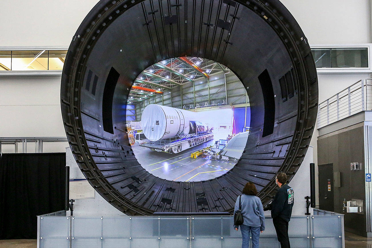 Patrons view the 787 exhibition Thursday morning at the Boeing Future of Flight Musuem at Paine Field on October 8, 2020. (Kevin Clark / The Herald)