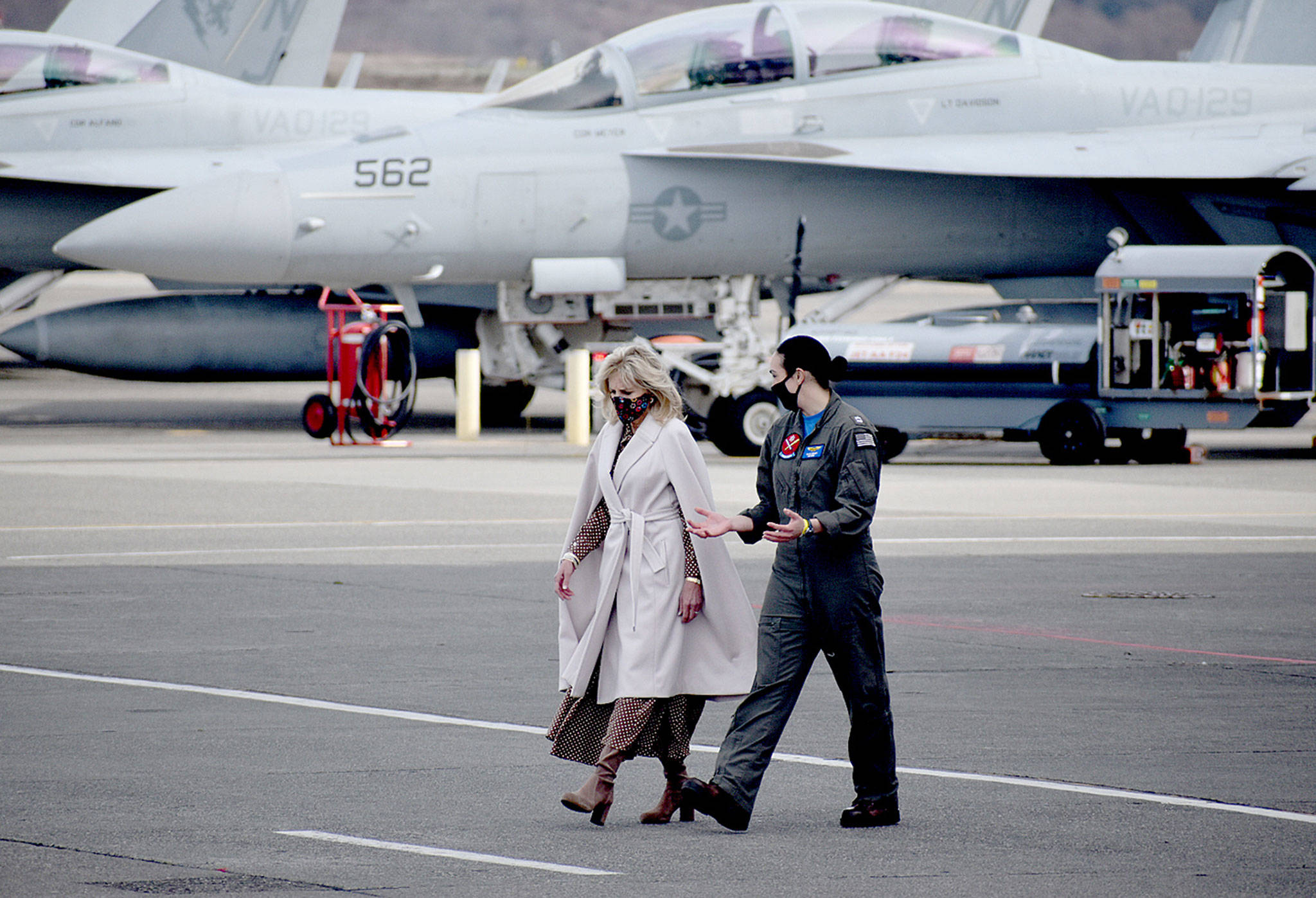 First lady Jill Biden (left) at Naval Air Station Whidbey Island on Tuesday. (Emily Gilbert / Whidbey News-Times)