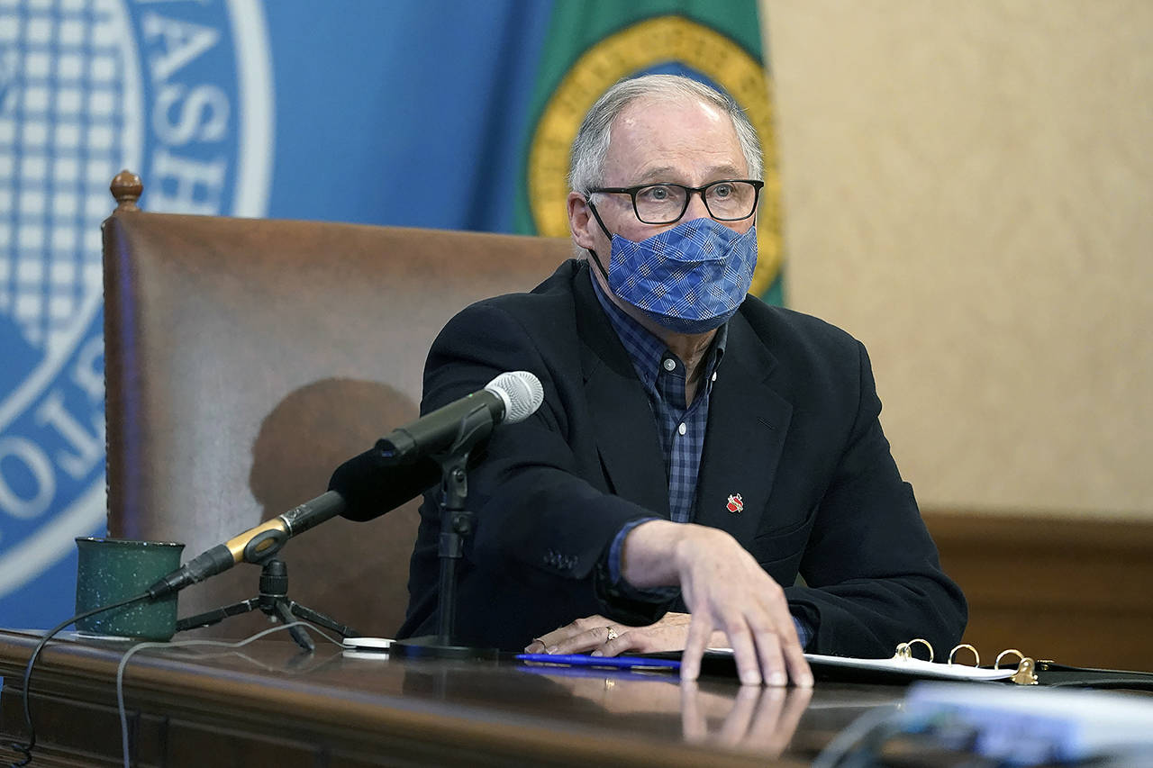 Washington Gov. Jay Inslee speaks during a news conference Thursday at the Capitol in Olympia. (AP Photo/Ted S. Warren)