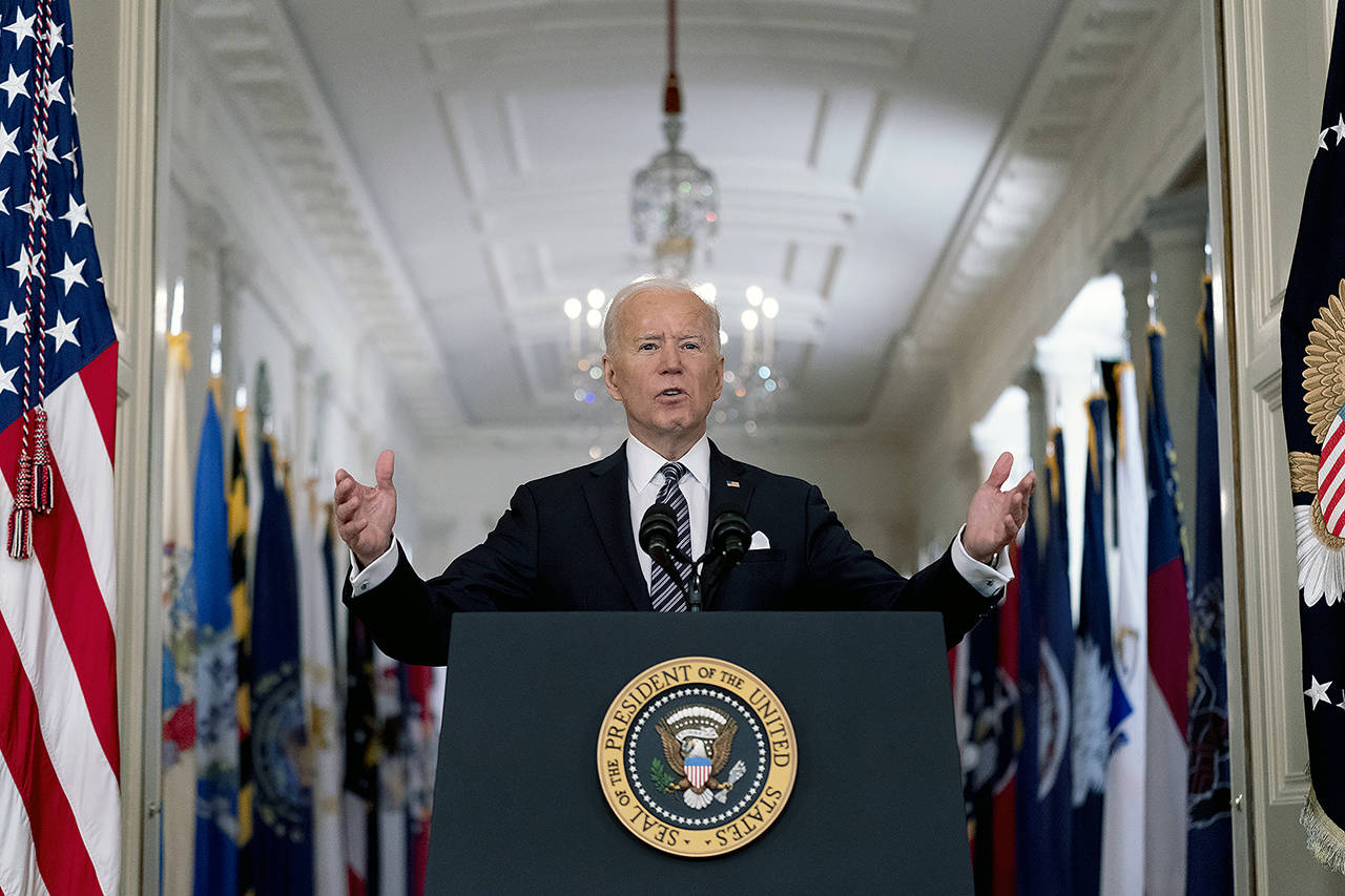 President Joe Biden speaks about the COVID-19 pandemic during a prime-time address from the East Room of the White House on Thursday in Washington. (AP Photo/Andrew Harnik)