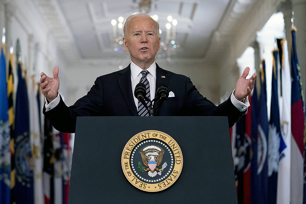 President Joe Biden speaks about the COVID-19 pandemic during a prime-time address from the East Room of the White House, Thursday, March 11, 2021, in Washington. (AP Photo/Andrew Harnik)