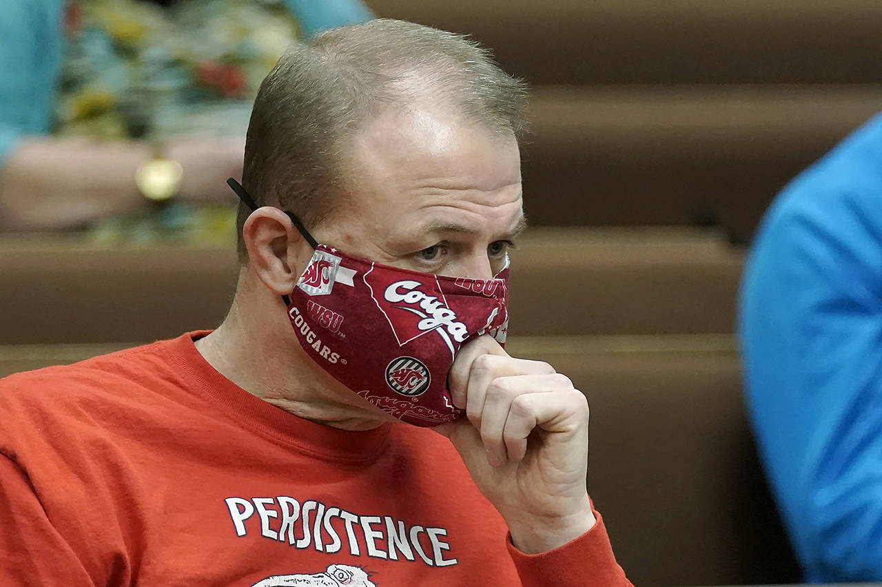 Initiative promoter Tim Eyman listens during a session of Thurston County Superior Court on Feb. 10 in Olympia. (AP Photo/Ted S. Warren)